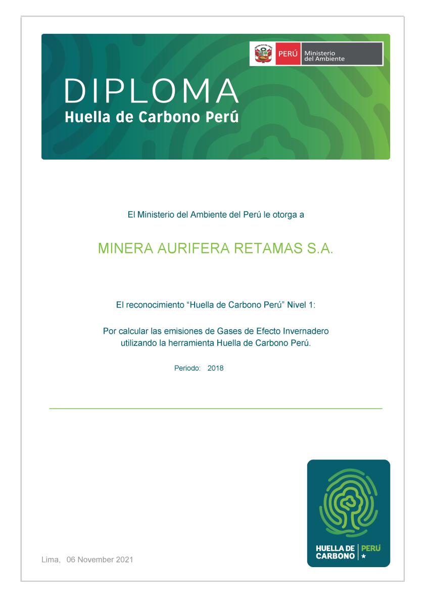 Diploma Huella de Carbono 2018 Nivel 1